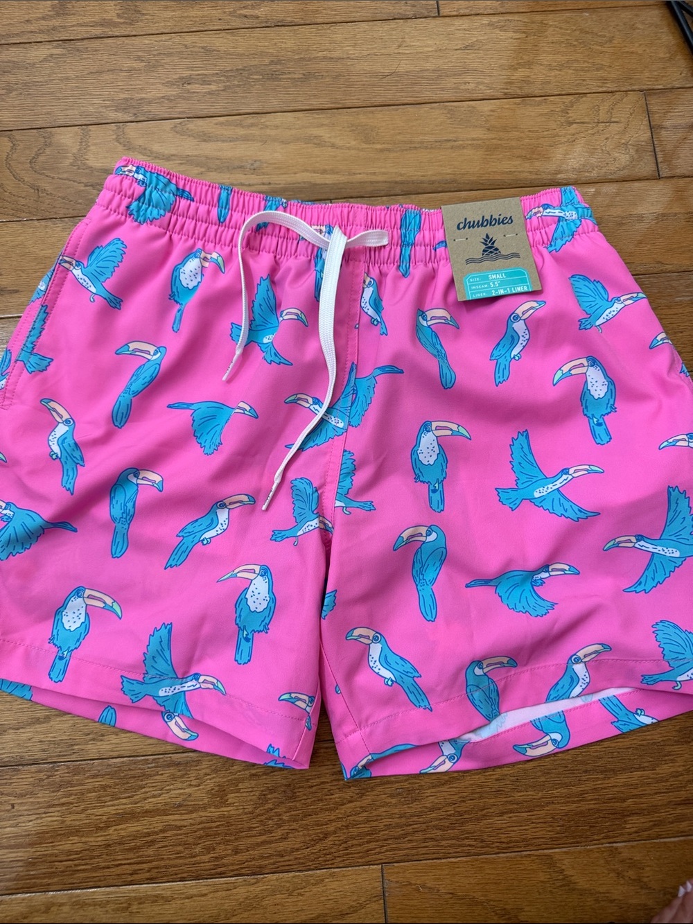 chubbies Pink Swim Shorts with Blue Toucan Print